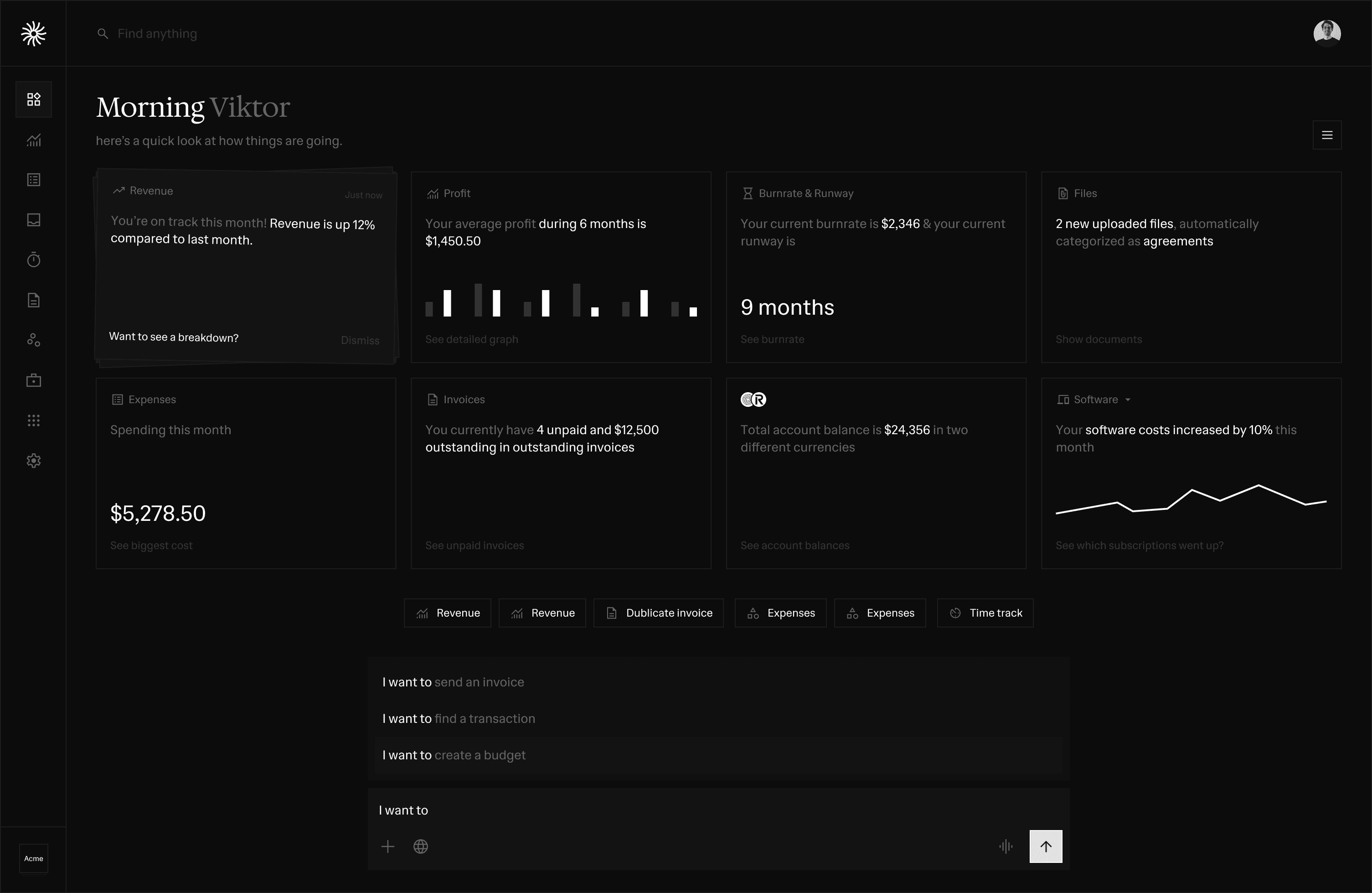 Dashboard interface showing financial data and charts